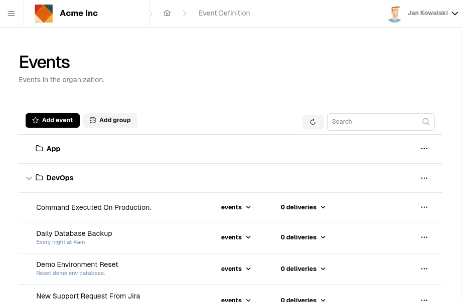 Events list in MsgGO